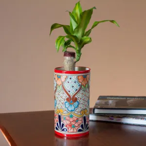 Talavera Style Red Rim Colorful Floral Motif Ceramic Vase - Garden Dreams | NOVICA