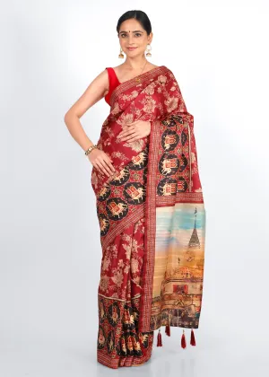 Temple Artwork Red Patola Silk Saree with Golden Floral Embroidery