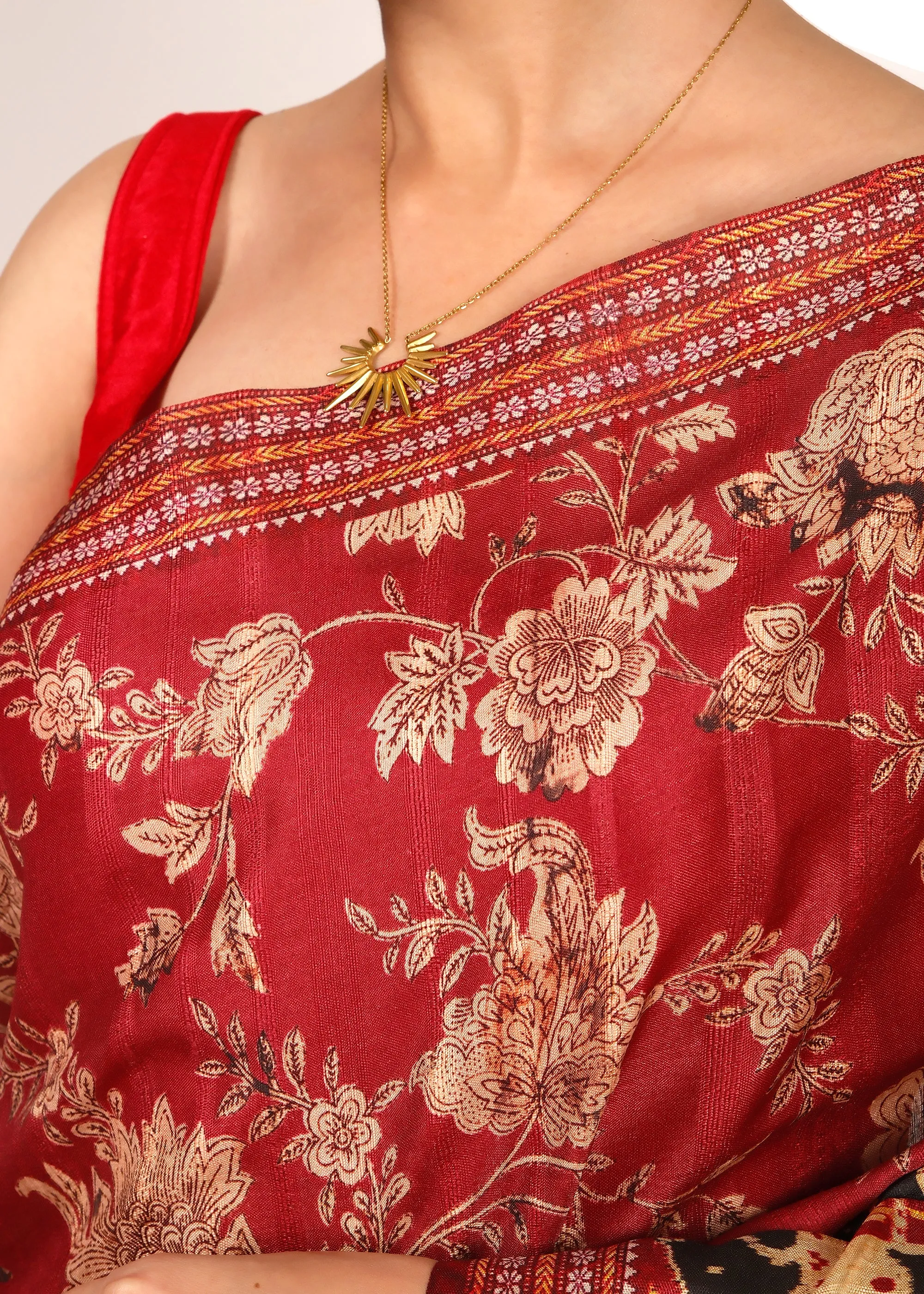 Temple Artwork Red Patola Silk Saree with Golden Floral Embroidery