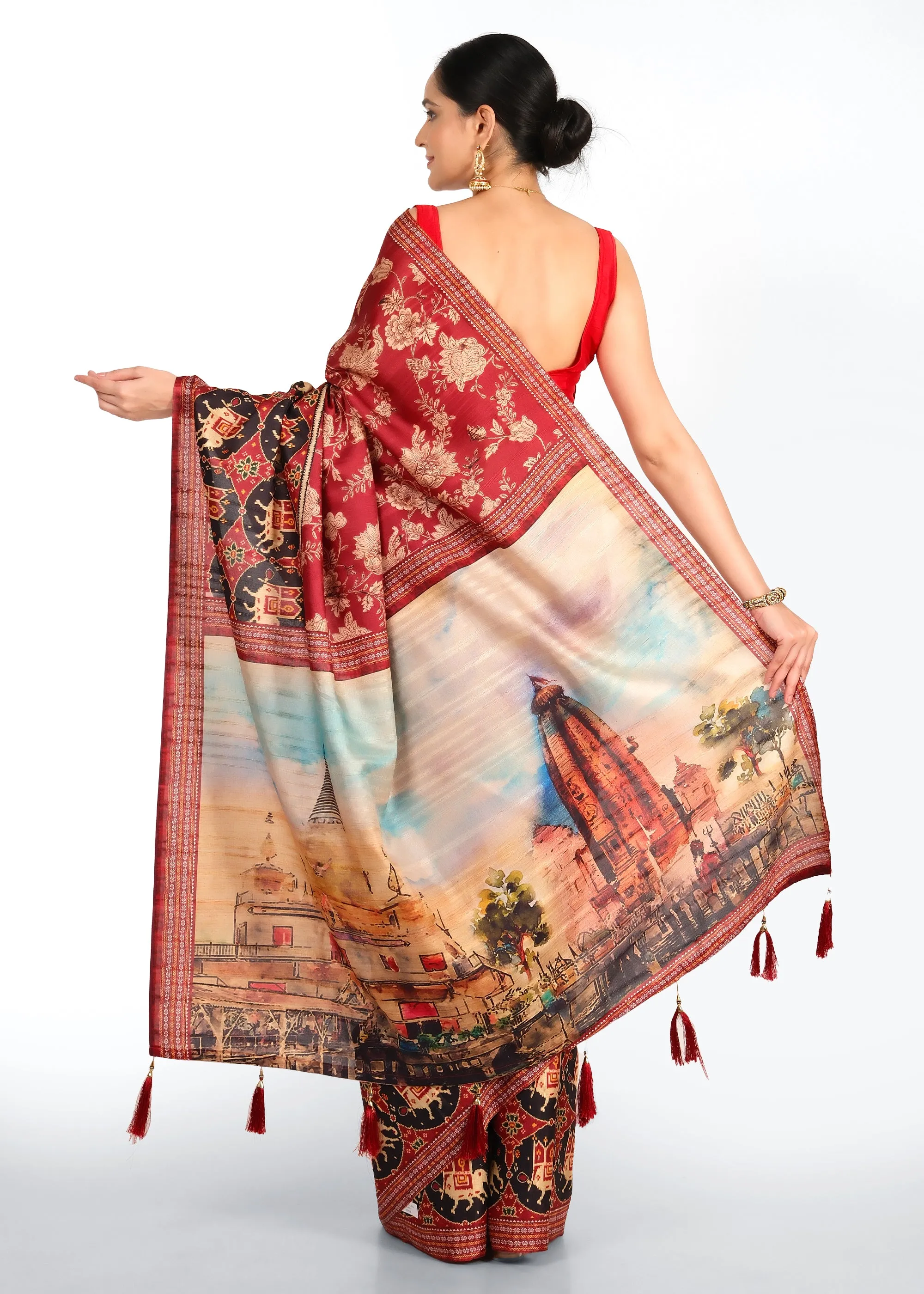 Temple Artwork Red Patola Silk Saree with Golden Floral Embroidery
