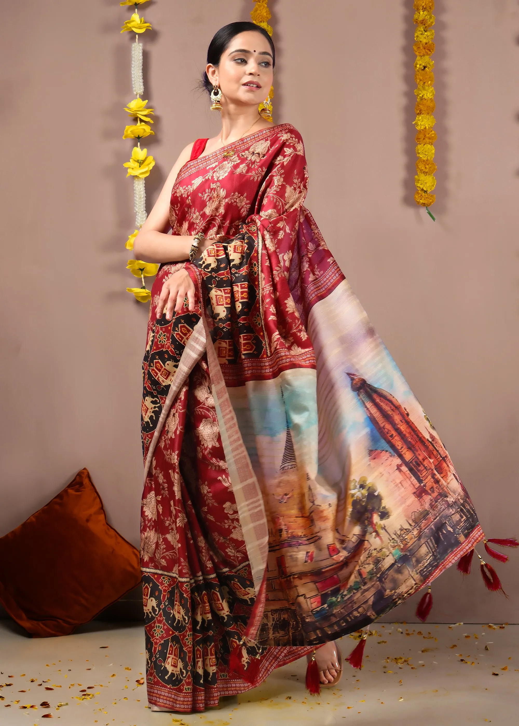 Temple Artwork Red Patola Silk Saree with Golden Floral Embroidery