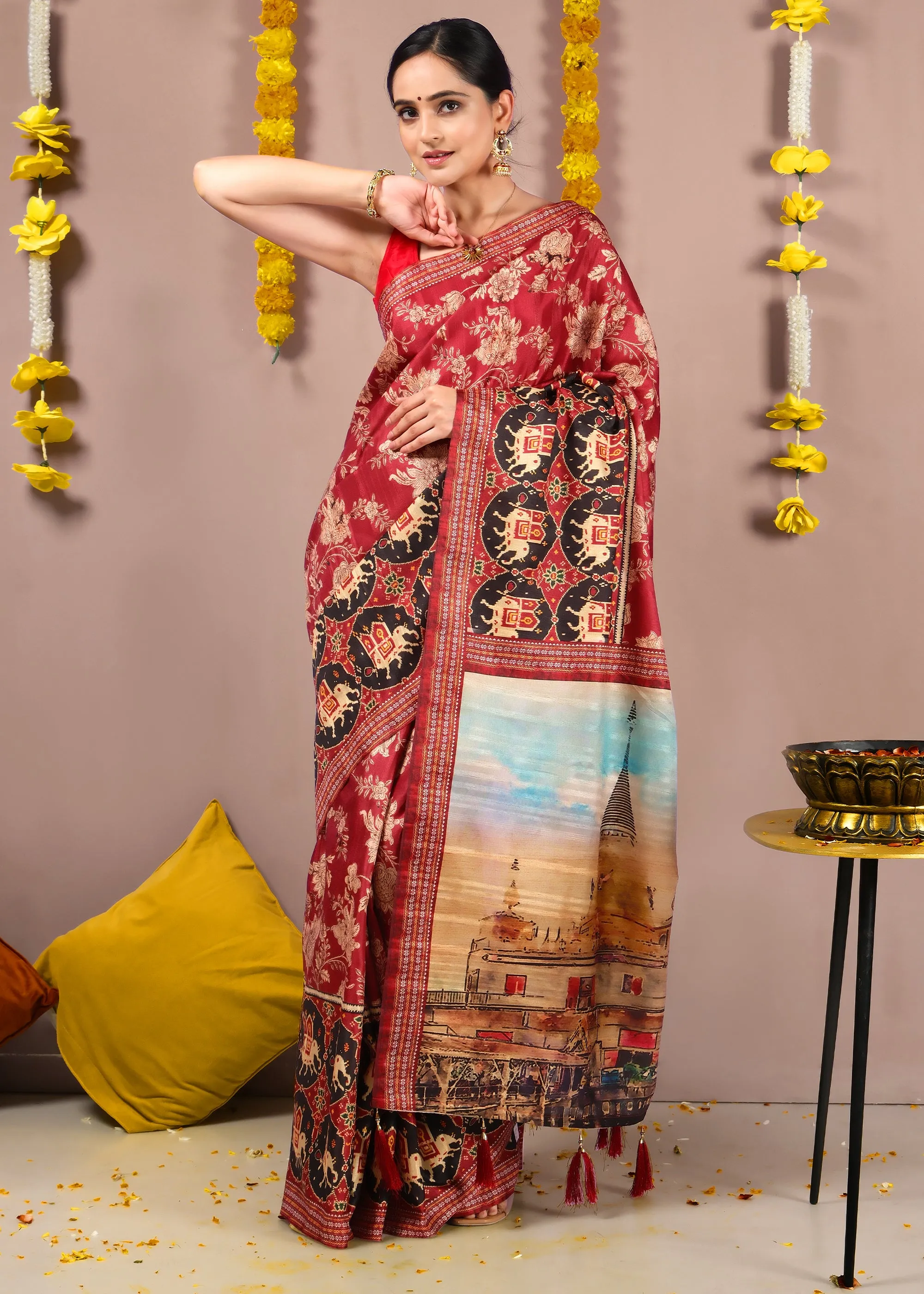 Temple Artwork Red Patola Silk Saree with Golden Floral Embroidery