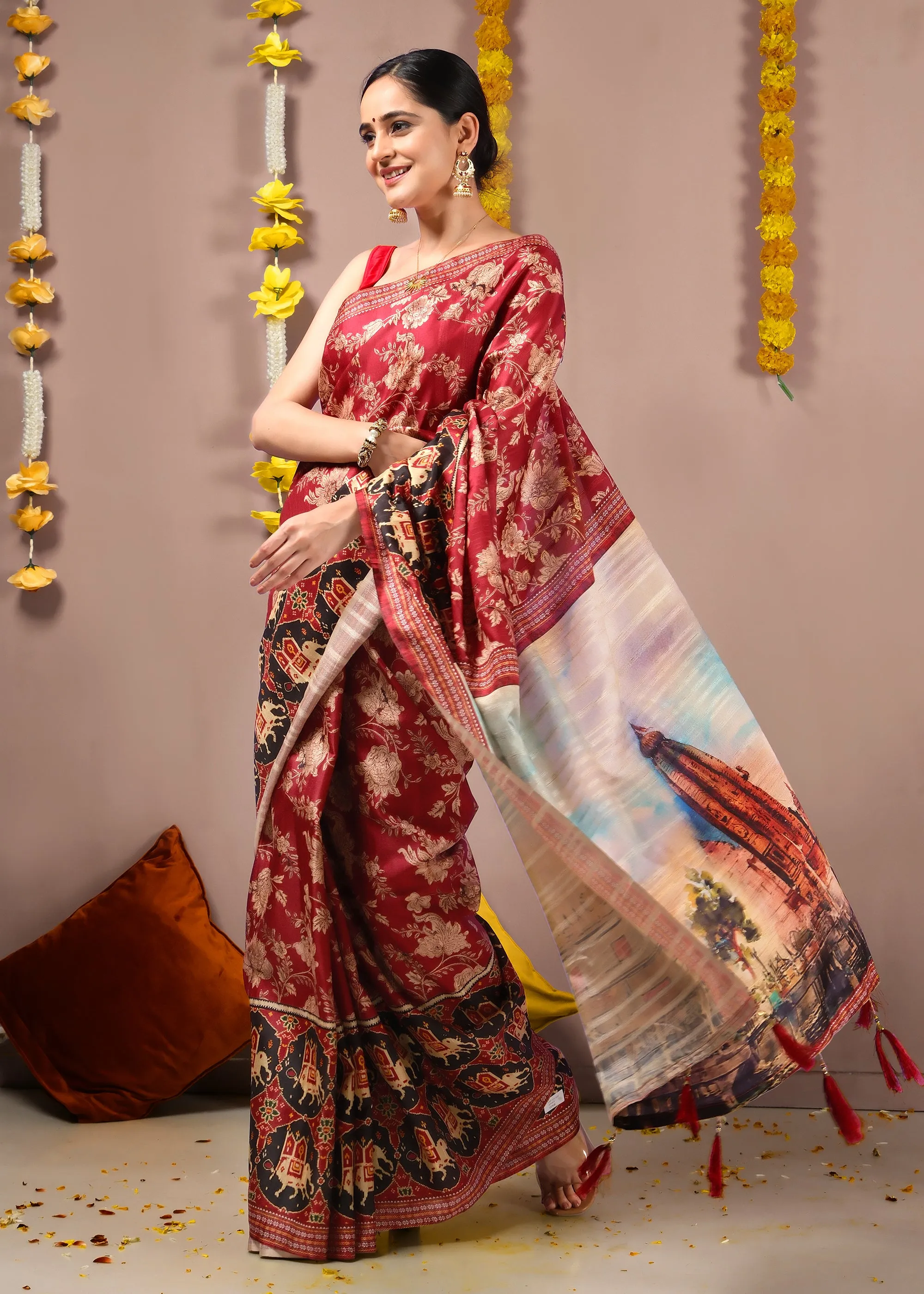 Temple Artwork Red Patola Silk Saree with Golden Floral Embroidery