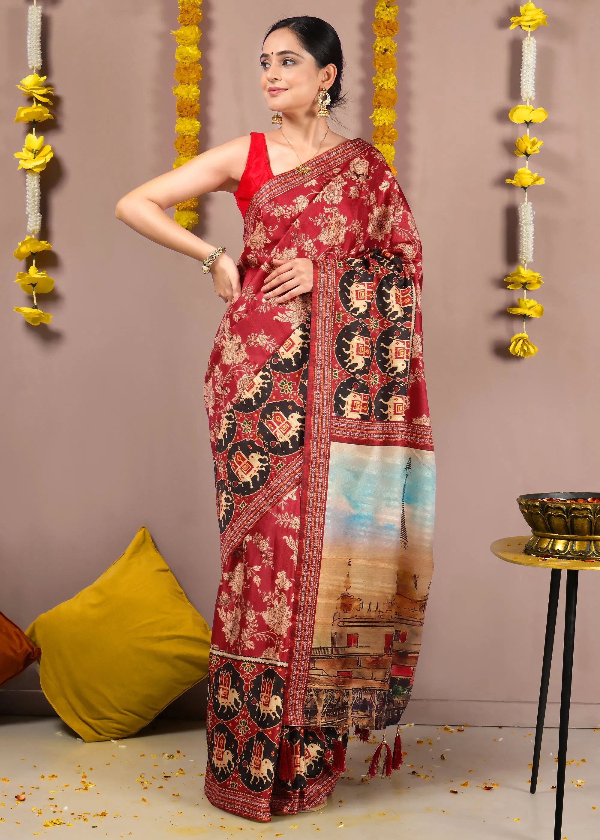 Temple Artwork Red Patola Silk Saree with Golden Floral Embroidery