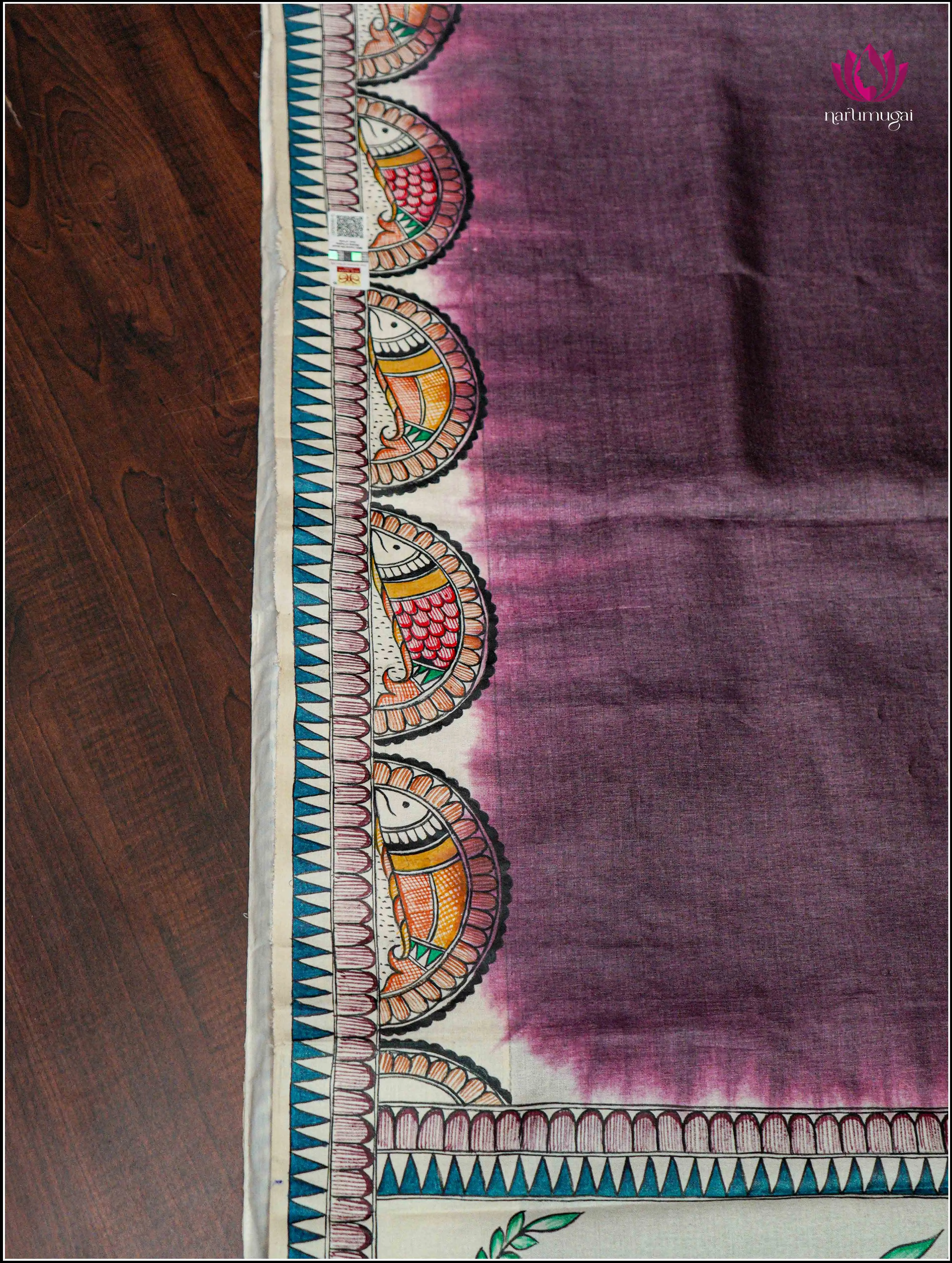 Tussar Silk saree in Dark Purple with Handbrush painted Madhubani art on Pallu - Silkmark certified