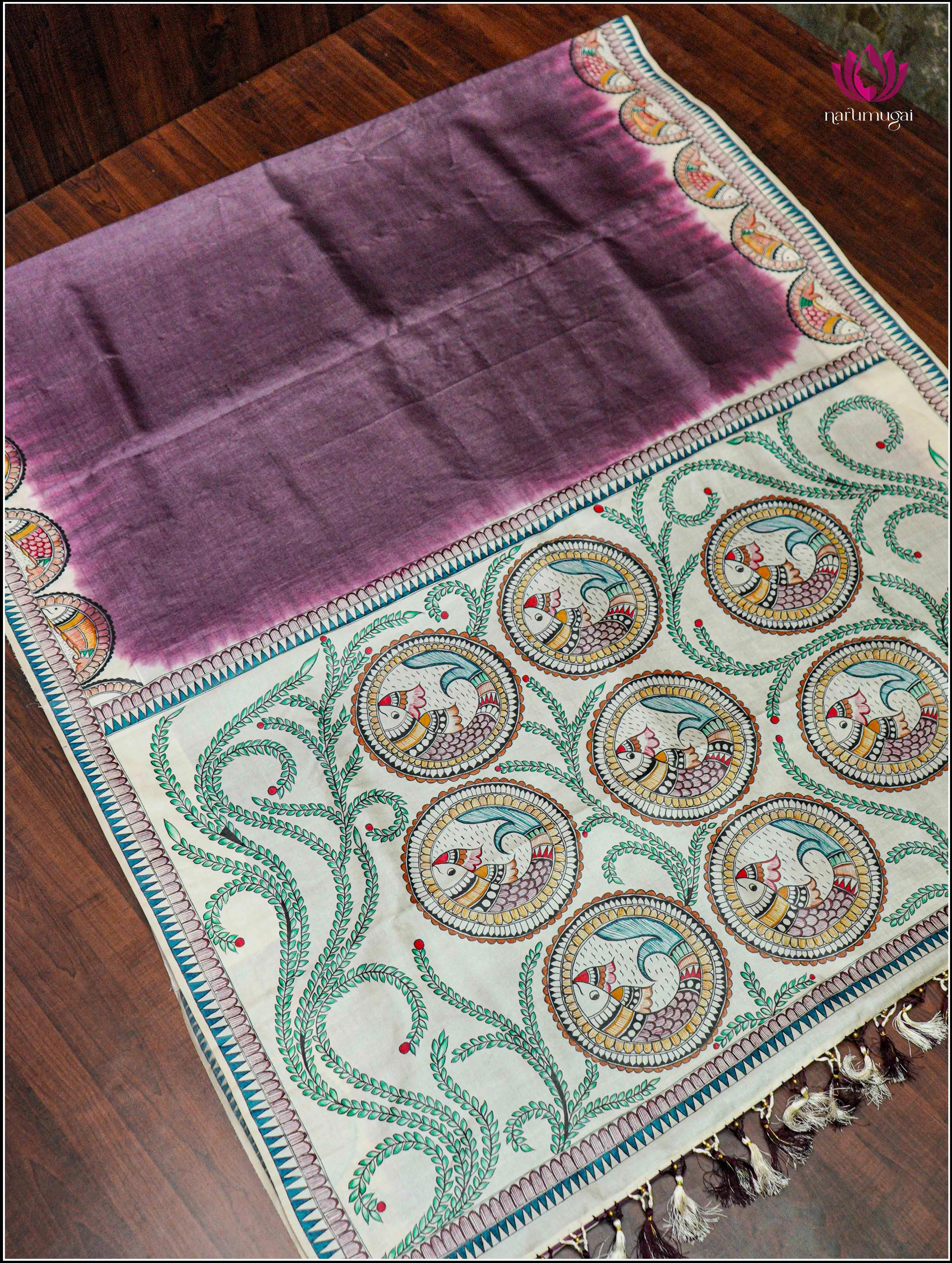 Tussar Silk saree in Dark Purple with Handbrush painted Madhubani art on Pallu - Silkmark certified