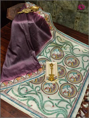 Tussar Silk saree in Dark Purple with Handbrush painted Madhubani art on Pallu - Silkmark certified