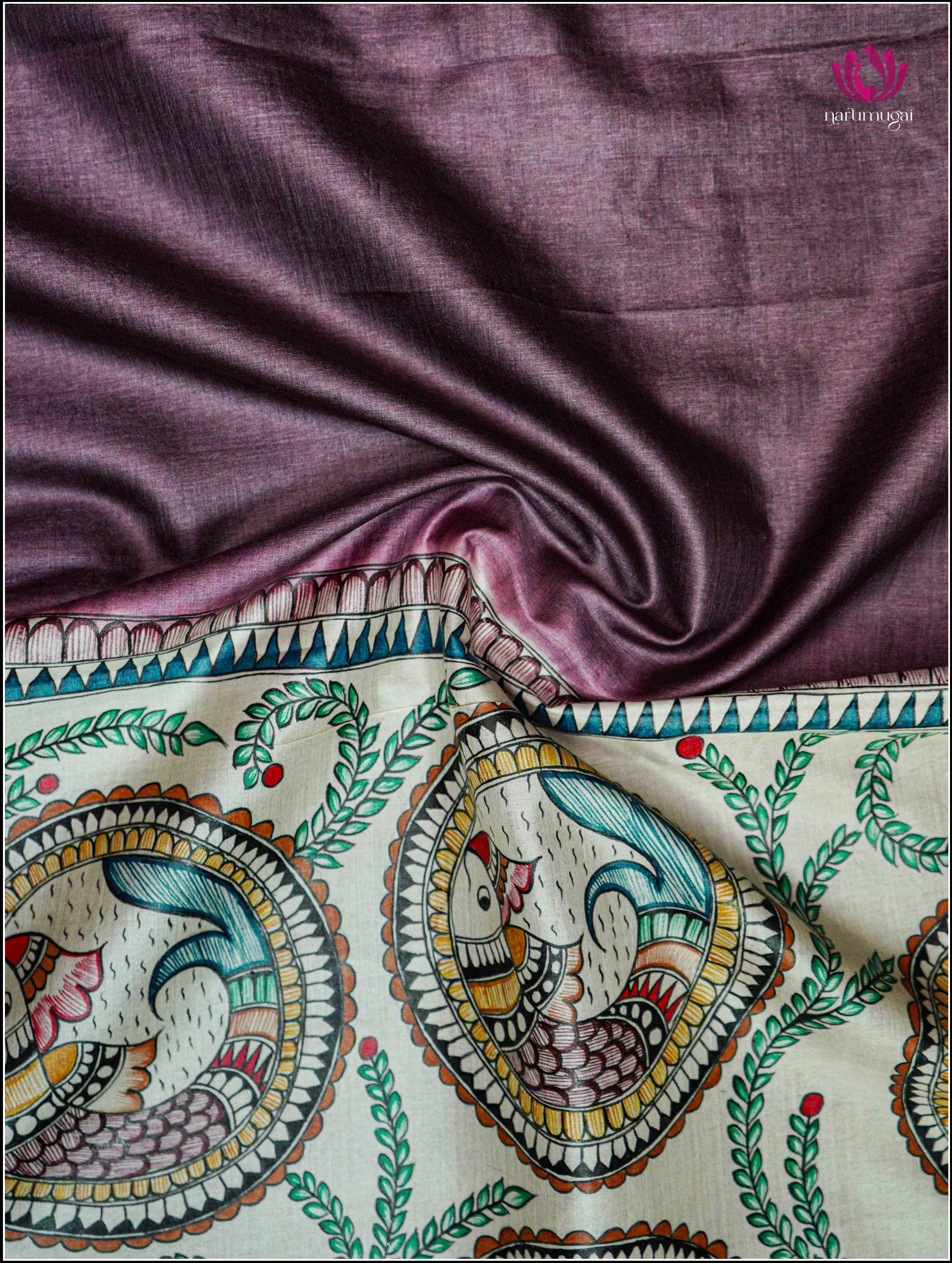 Tussar Silk saree in Dark Purple with Handbrush painted Madhubani art on Pallu - Silkmark certified