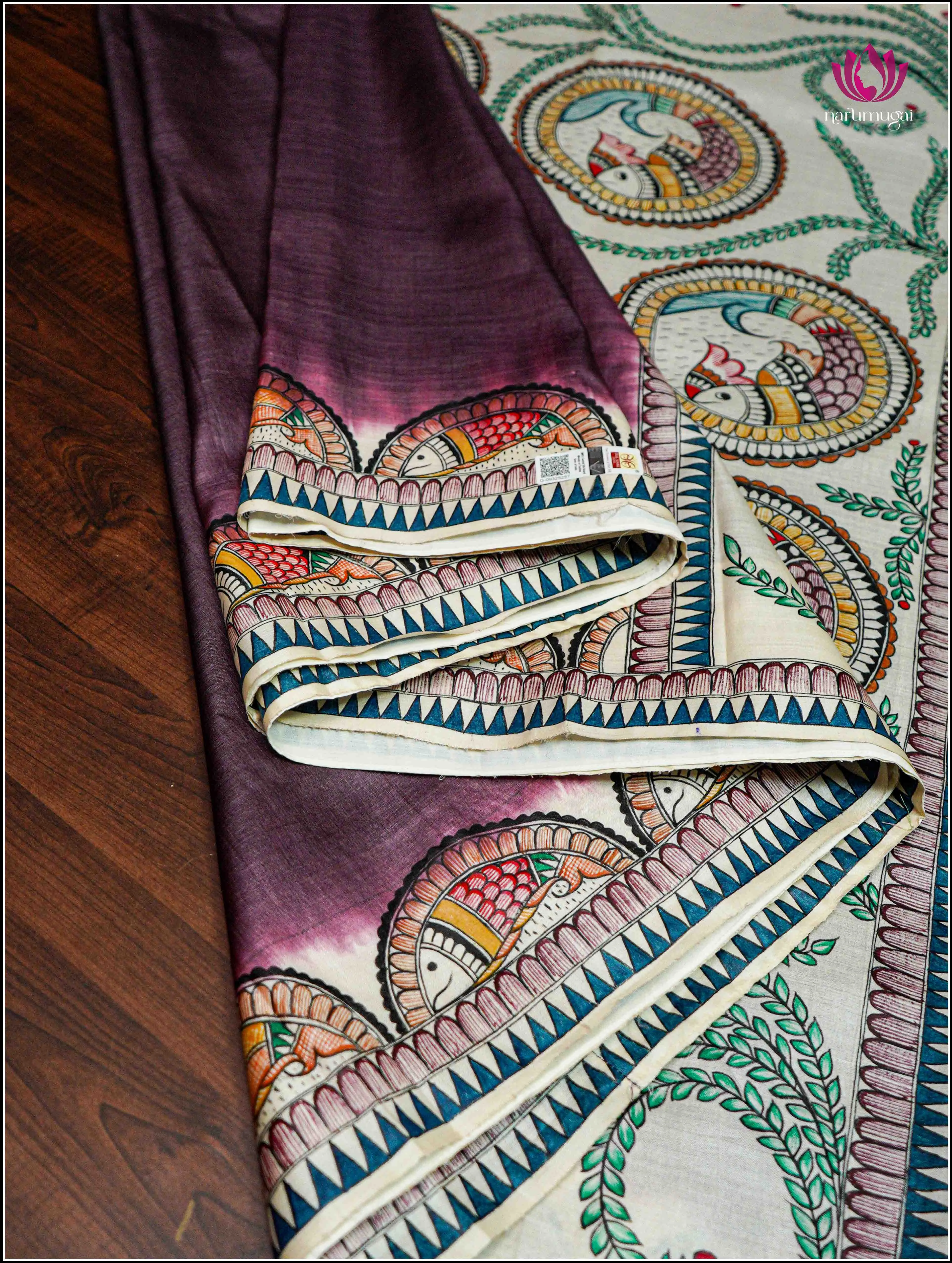 Tussar Silk saree in Dark Purple with Handbrush painted Madhubani art on Pallu - Silkmark certified