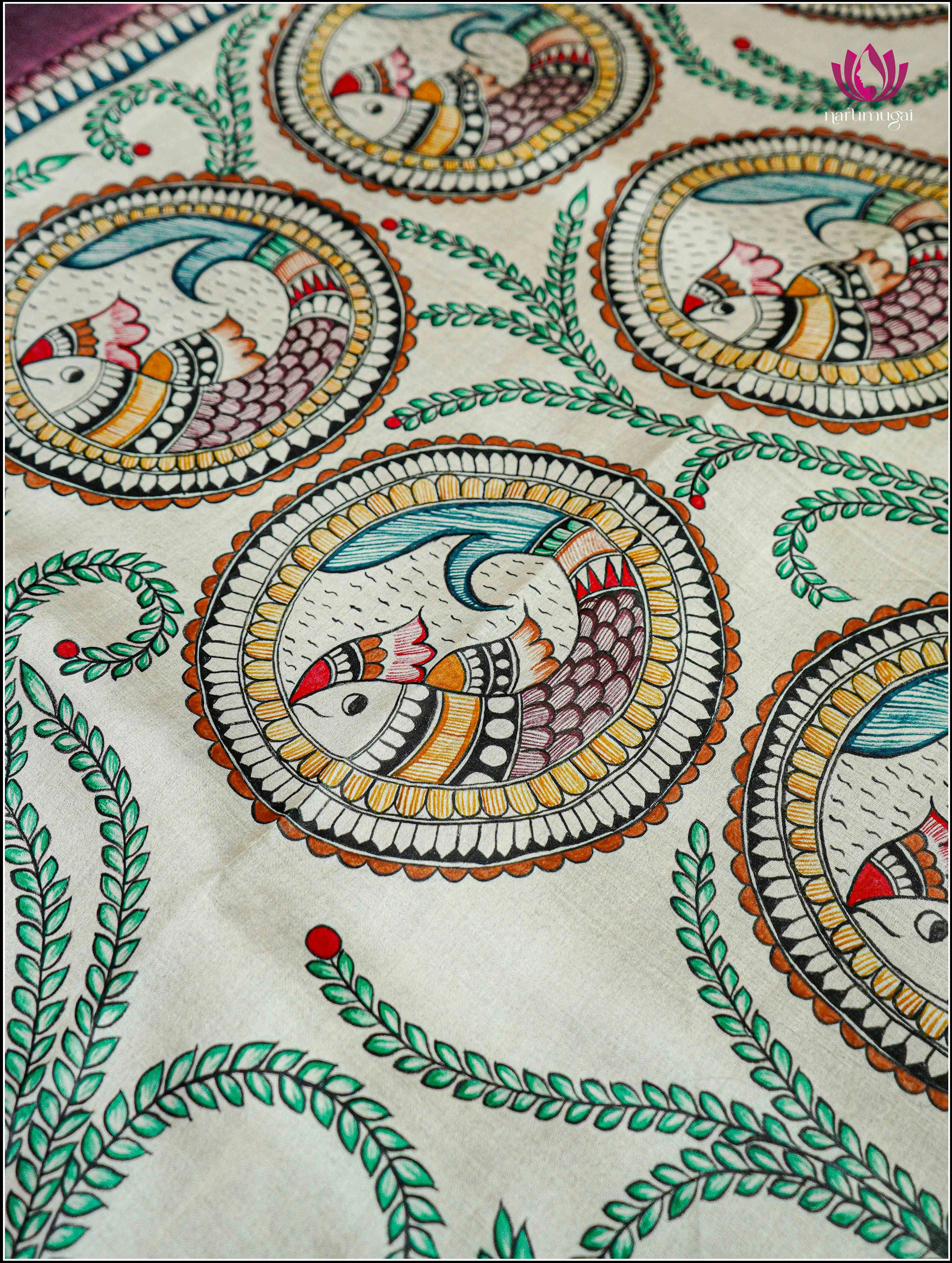 Tussar Silk saree in Dark Purple with Handbrush painted Madhubani art on Pallu - Silkmark certified