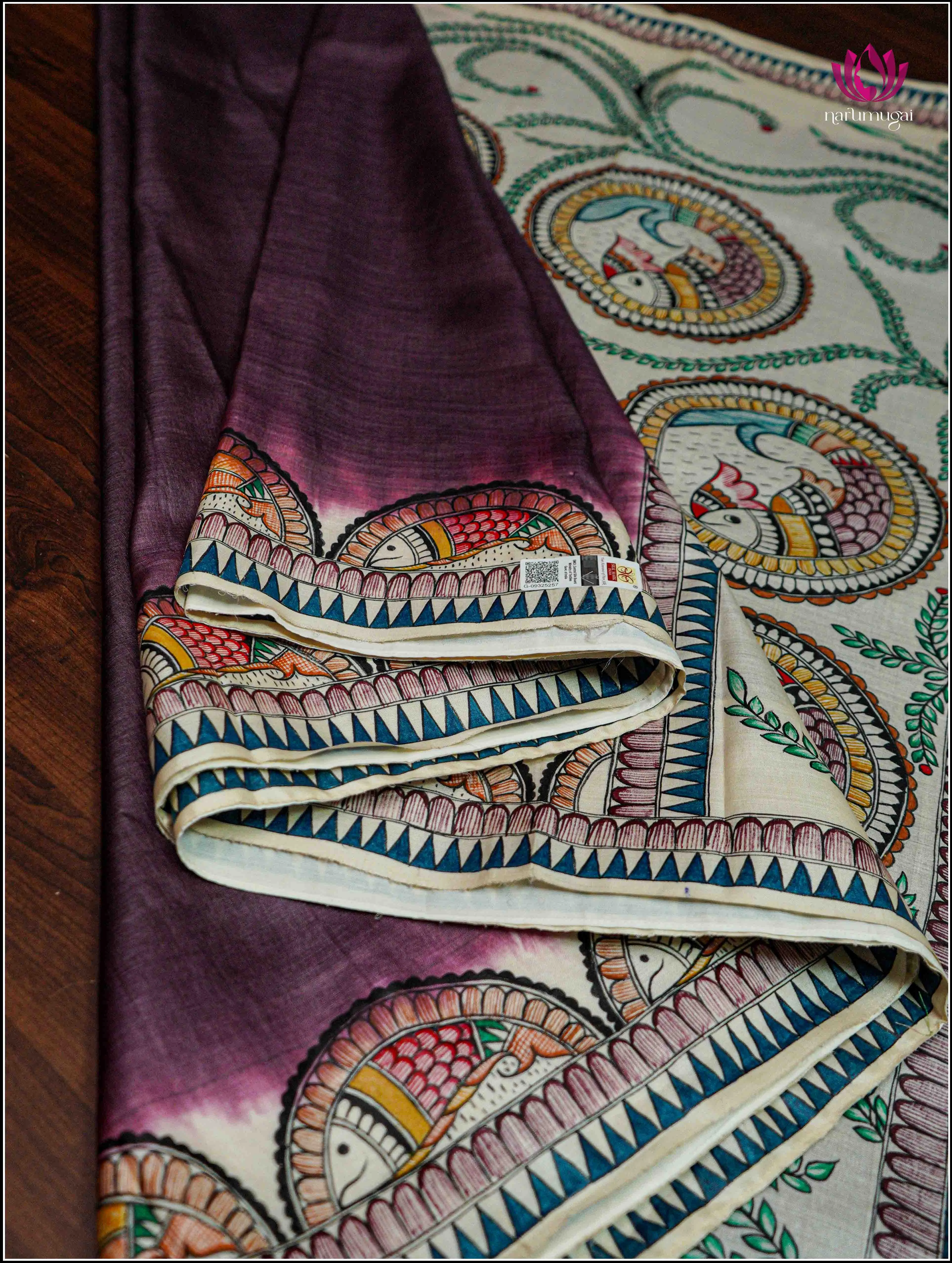 Tussar Silk saree in Dark Purple with Handbrush painted Madhubani art on Pallu - Silkmark certified