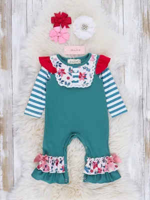 Vintage Green Floral & Stripes Ruffle Romper